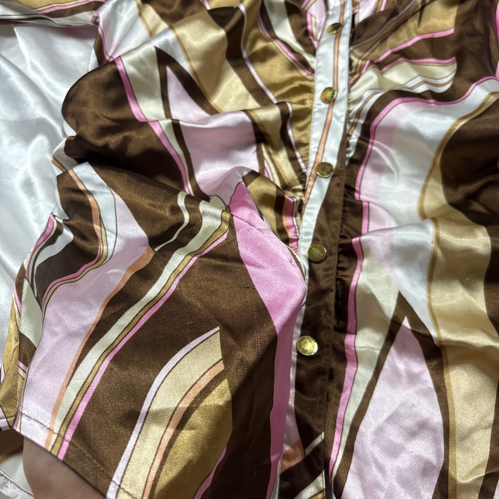 y2k Cache Blouse Brown Pink Good Psychedelic Swirl Ruched Satin Button Down Top - Picture 5 of 8